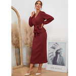 Long Sleeve V Neck Waist Tie Sweater Long Skirt Set