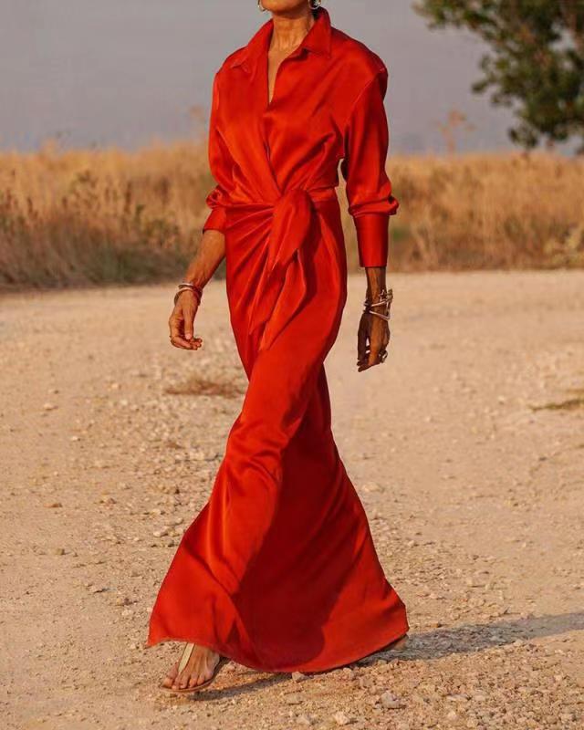 Casual Long Sleeve V-Neck Oversize Side Slit Long Dress