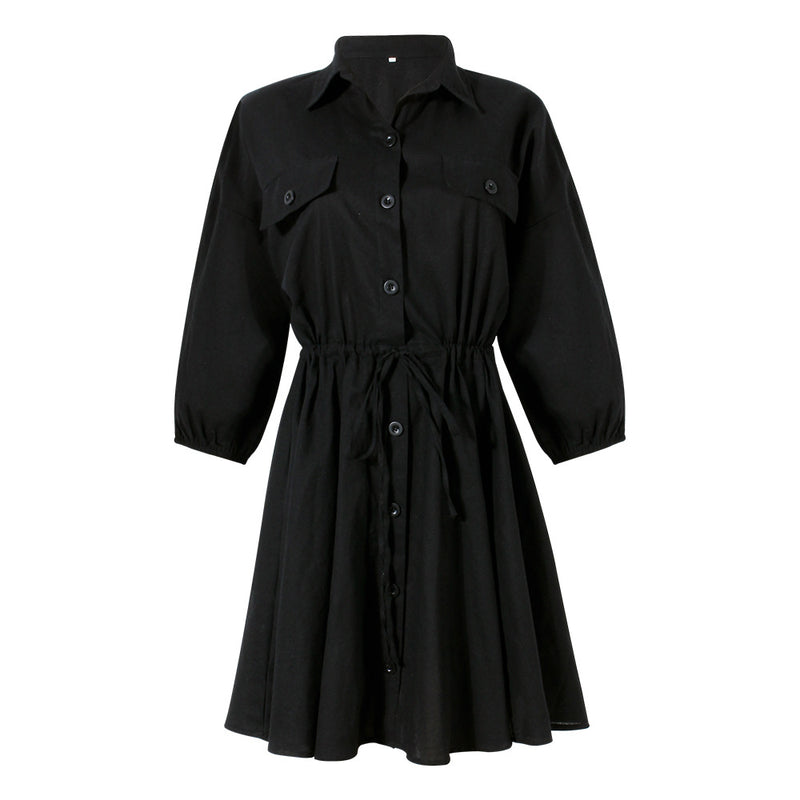 Button Up Drawstring Waist Long Sleeve Mini Dress