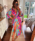 Casual Deep V Neck Long Sleeve SIde Split Maxi Dress