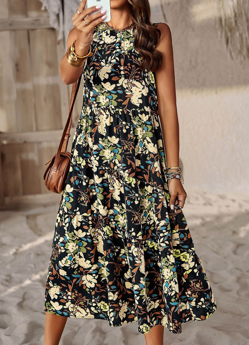 Fashion O-Neck Sleeveless Printed Flared Midi Dress