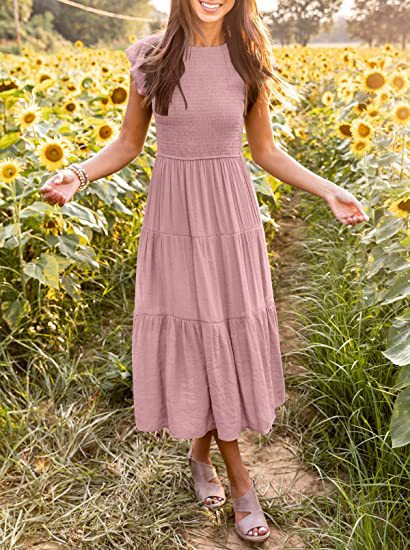 Solid Color Round Neck Cap Sleeve Loose Maxi Dress