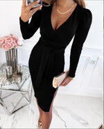 Deep V-Neck Long Sleeve Belt Slit Midi Dress