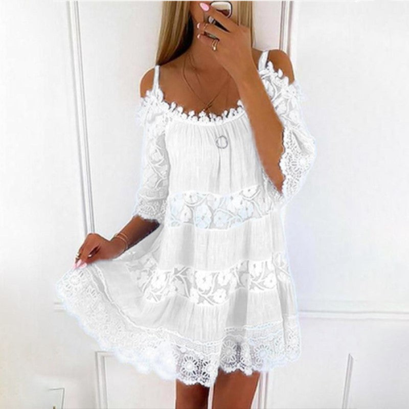 Fashion Cold Shoulder Lace Lined Mini Dress