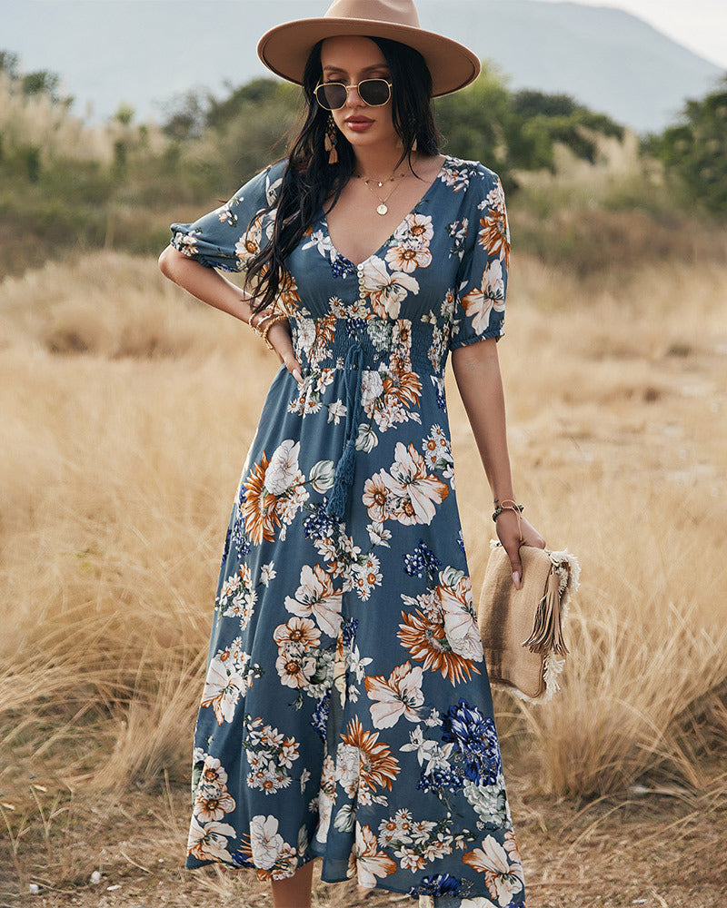 Elegant Short Sleeve V Neck Floral Maxi Dress