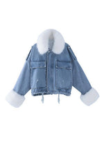 Detachable Fuzzy Faux Fur Collar Denim Coat