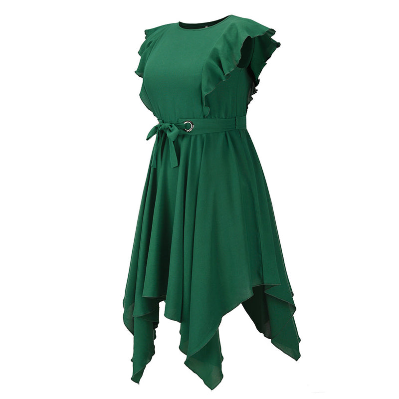 Ruffle Sleeve Waist Tie Solid Color Mini Dress