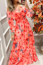 Floral Off Shoulder V Neck Maxi Dress