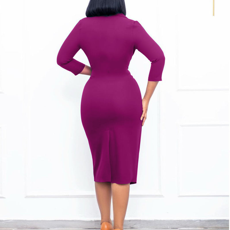 Elegant Solid Turn-Down Collar 3/4 Sleeve Bodycon Midi Dress