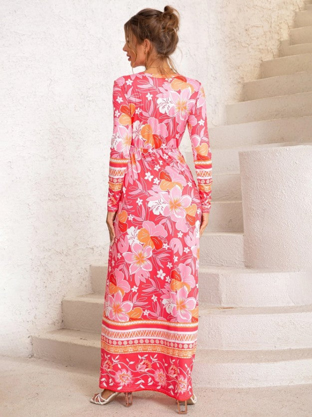 Fashion Floral Print Long Sleeve O-Neck Maxi Dress