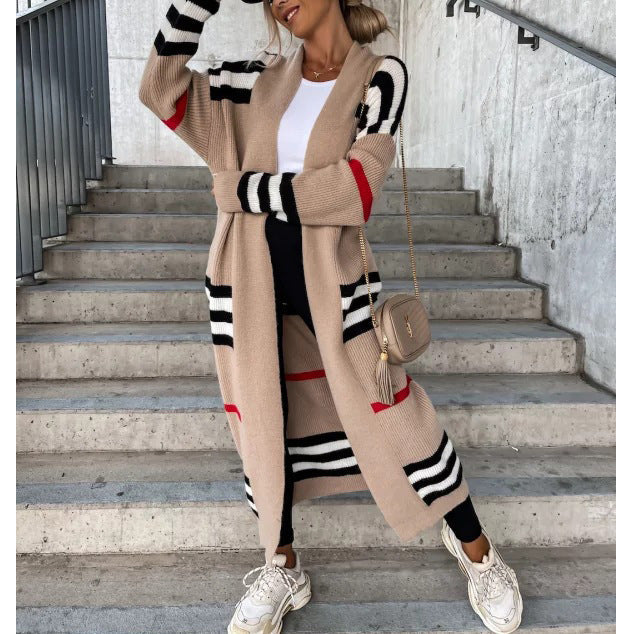 Long Sleeve Open Front Stripped Print Long Cardigan