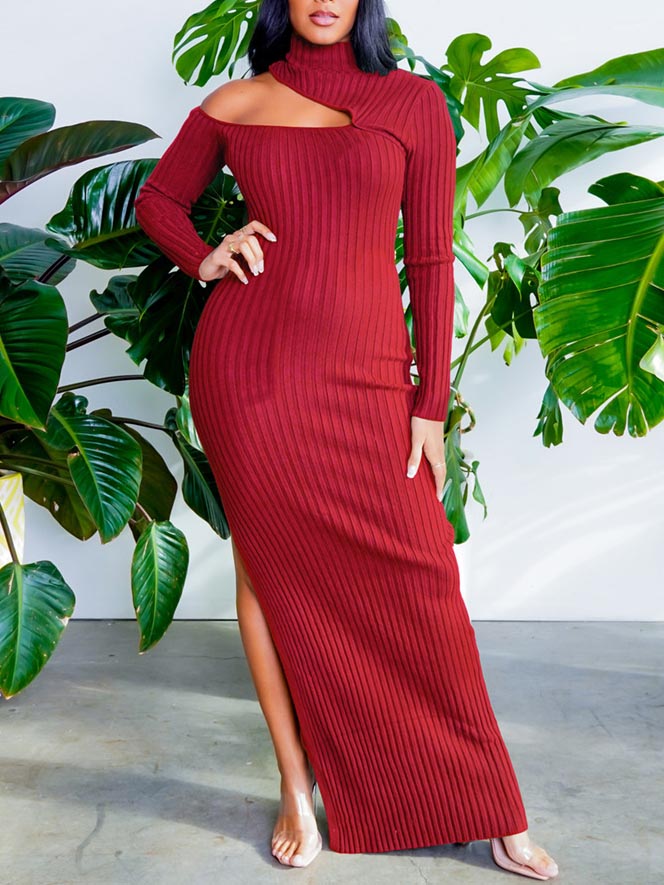 One Cold Shoulder Long Sleeve Turtle Neck Maxi Dress