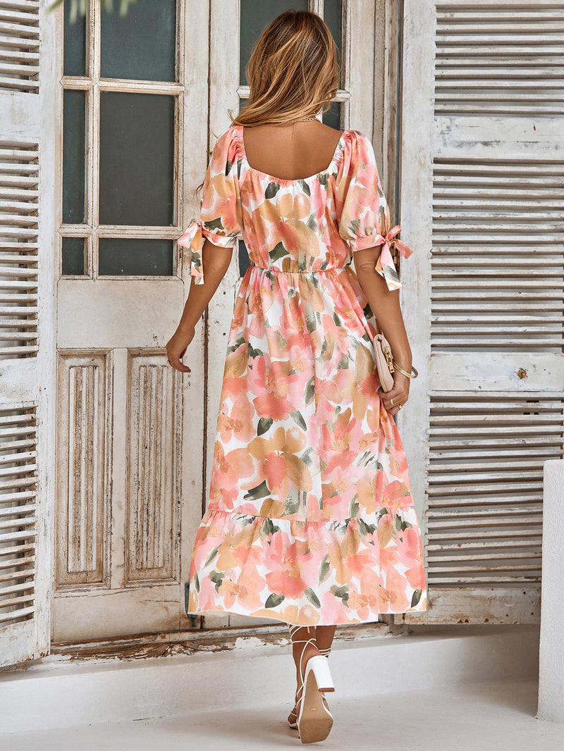 Elegant Short Sleeve V-Neck Printed Maxi Dress