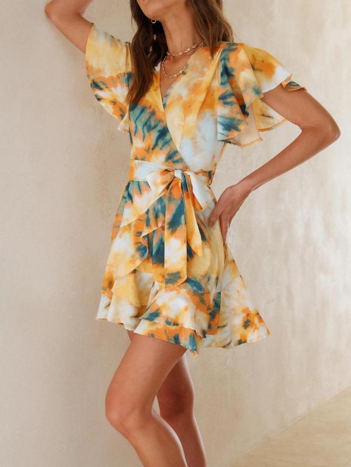 Waist Wrap Short Sleeve V Neck Mini Dress