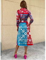 Long Sleeve Printed Belted Foulard Midi Dress