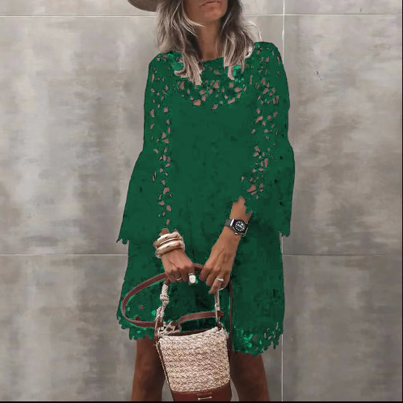 Round Neck Long Sleeve Lace Mini Dress