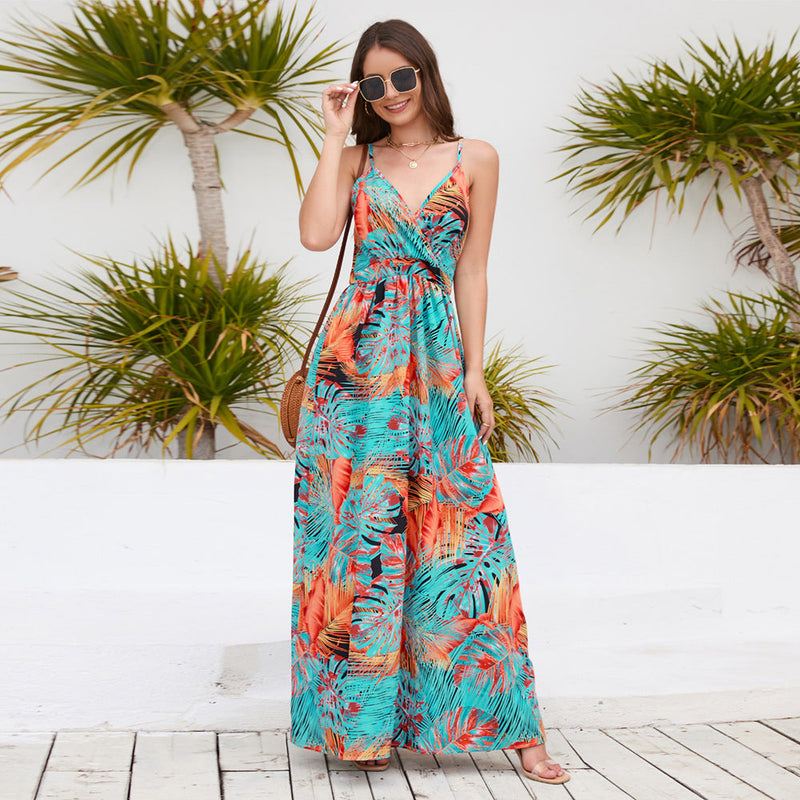 Spaghetti Strap V-Neck Printed Pleated Maxi Dress