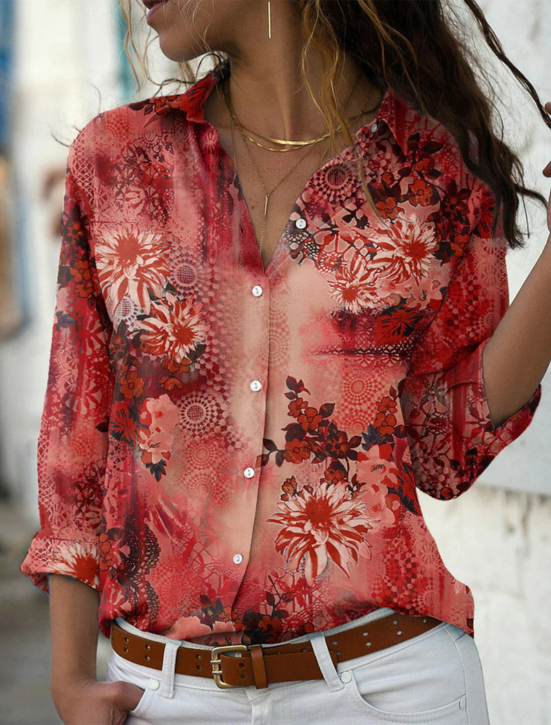 V-Neck Long Sleeve Printed Button Down Shirt