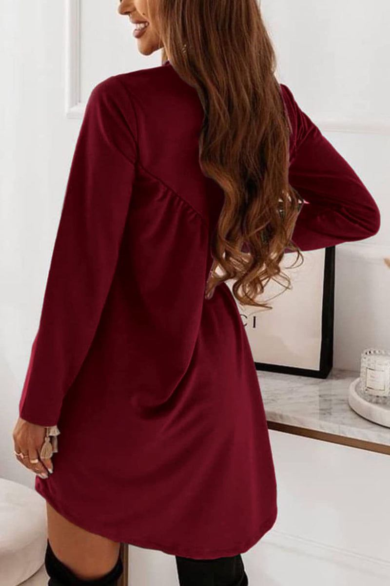 Fashion Long Sleeve O-Neck Solid Colour Mini Dress