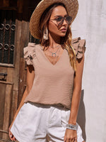 V-Neck Ruffle Short Sleeve Solid Loose Blouse