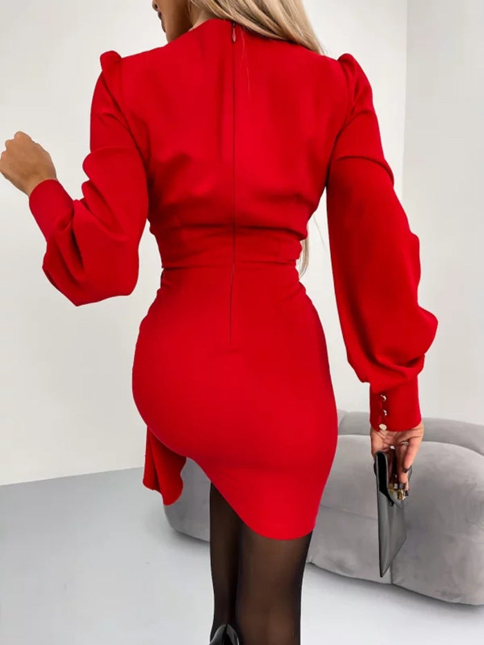 Crossed V-Neck Long Sleeve Solid Mini Dress