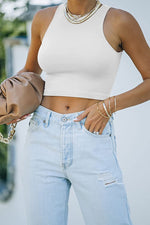 Sexy O-Neck Sleeveless Solid Color Crop Top