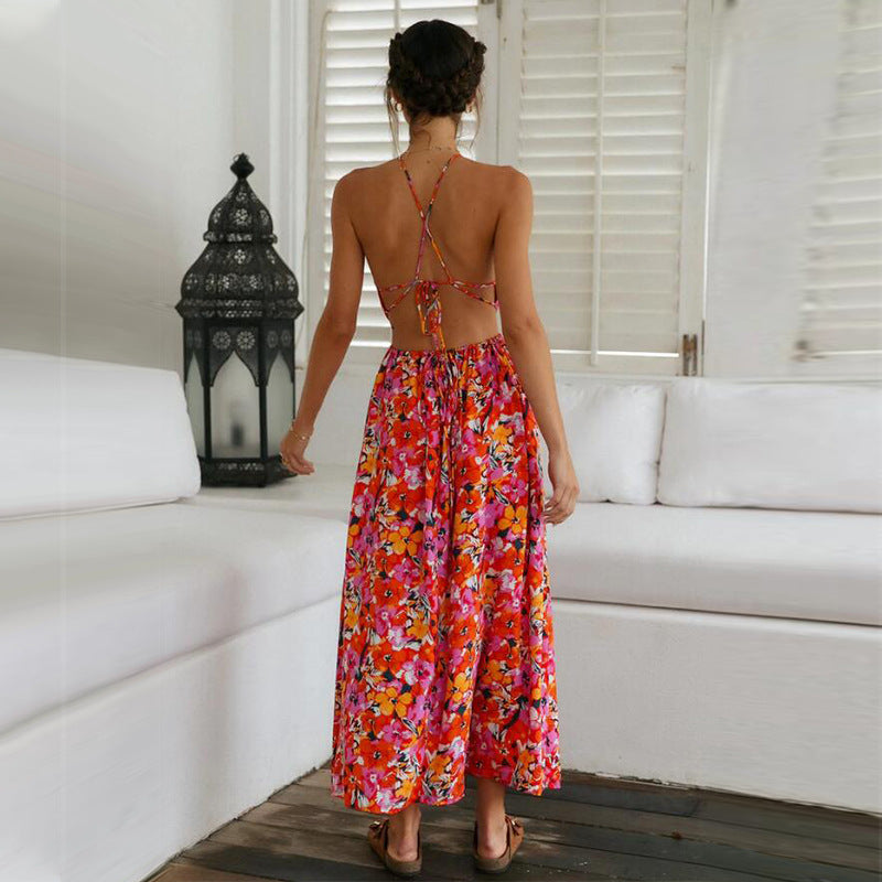 Cross Back Spaghetti Strap Sleeveless Floral Maxi Dress