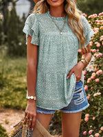 Casual O-Neck Ruffle Short Sleeve Printed Loose T-Shirt