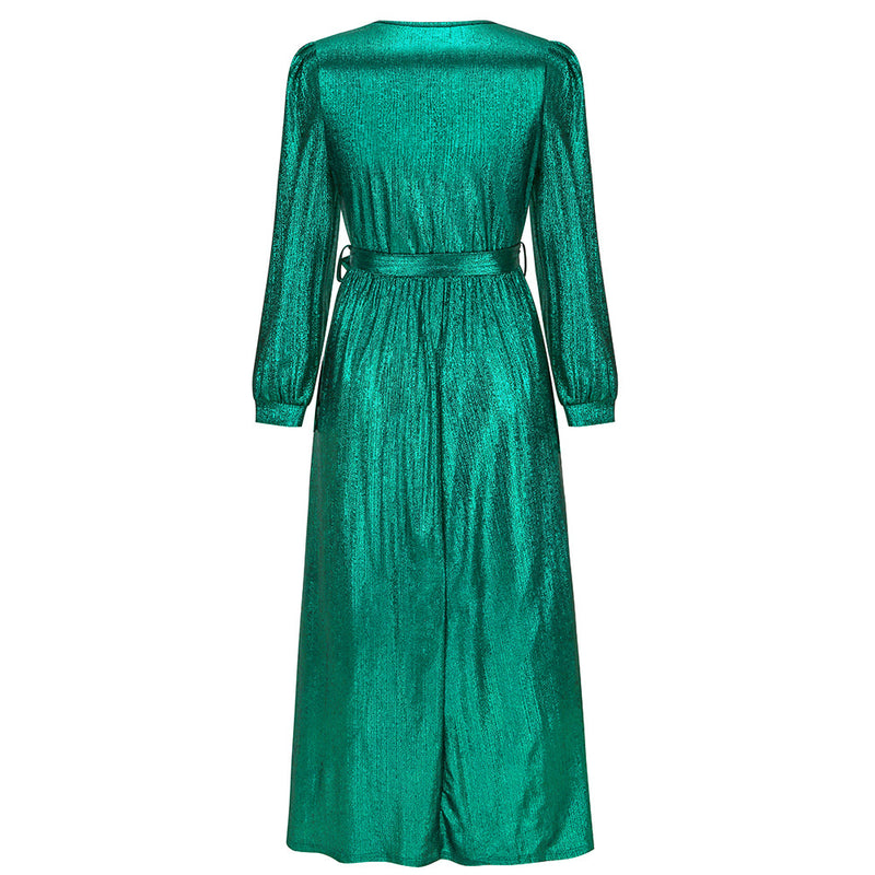 Shinny Long Sleeve Tie Waist Maxi Dress