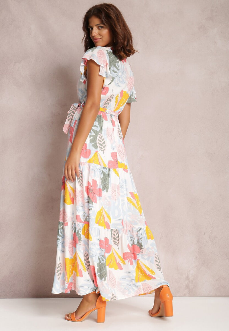 Floral Long Sleeve Cap Sleeve V Neck Maxi Dress