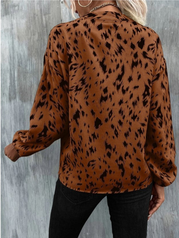 Elegant V-Neck Printed Long Sleeve Shirt