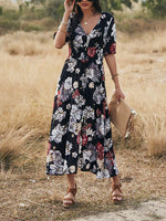 Elegant Short Sleeve V Neck Floral Maxi Dress