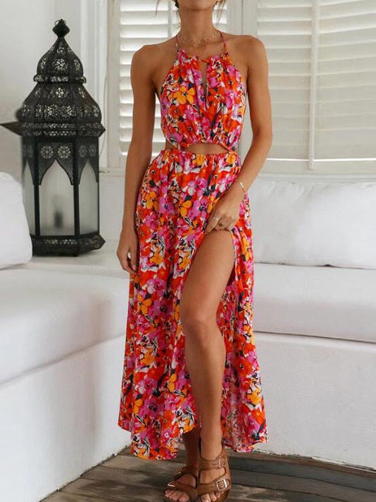 Cross Back Spaghetti Strap Sleeveless Floral Maxi Dress