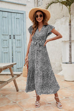 V-Neck Short Ruffle Sleeve Printed Waisted Midi Dress