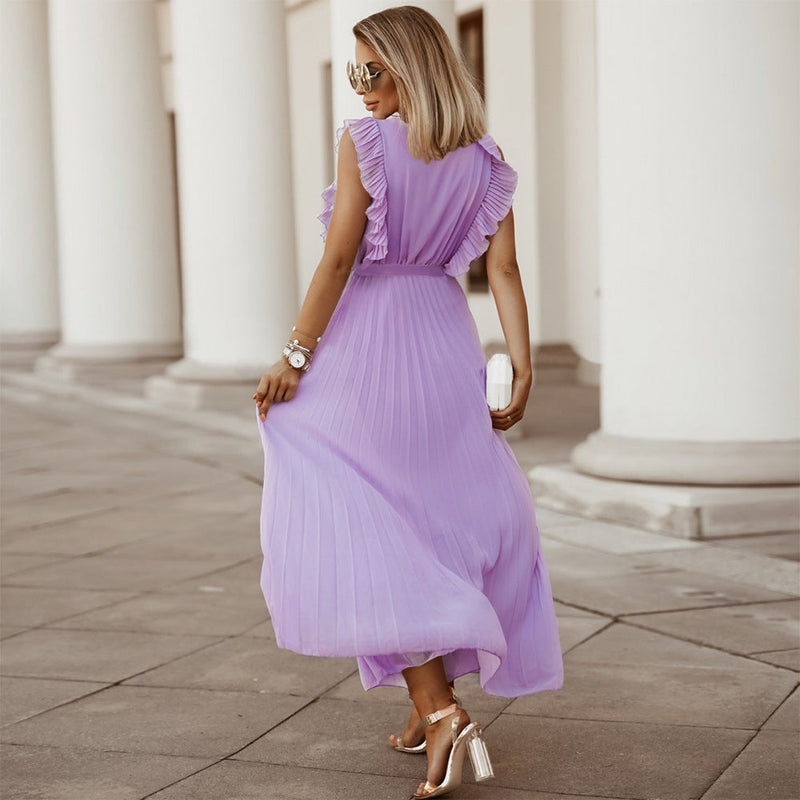 Ruffle Sleeveless V Neck Wrap Front Maxi Dress