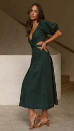 Puff Short Sleeve V Neck High Waist Maxi Dress