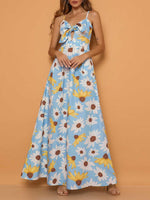 Front Knot Spaghetti Strap Floral V Neck Loose Maxi Dress