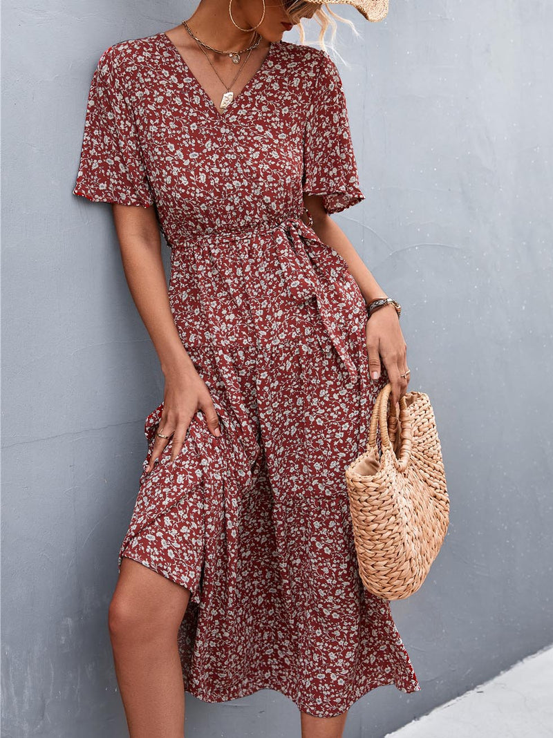 Polka Dot V Neck Short Sleeve Elastic Waist Maxi Dress