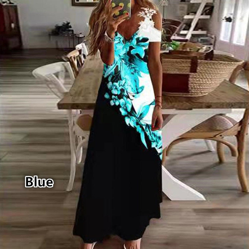 Elegant V-Neck Off Shoulder Short Sleeve Printed Maxi Dress