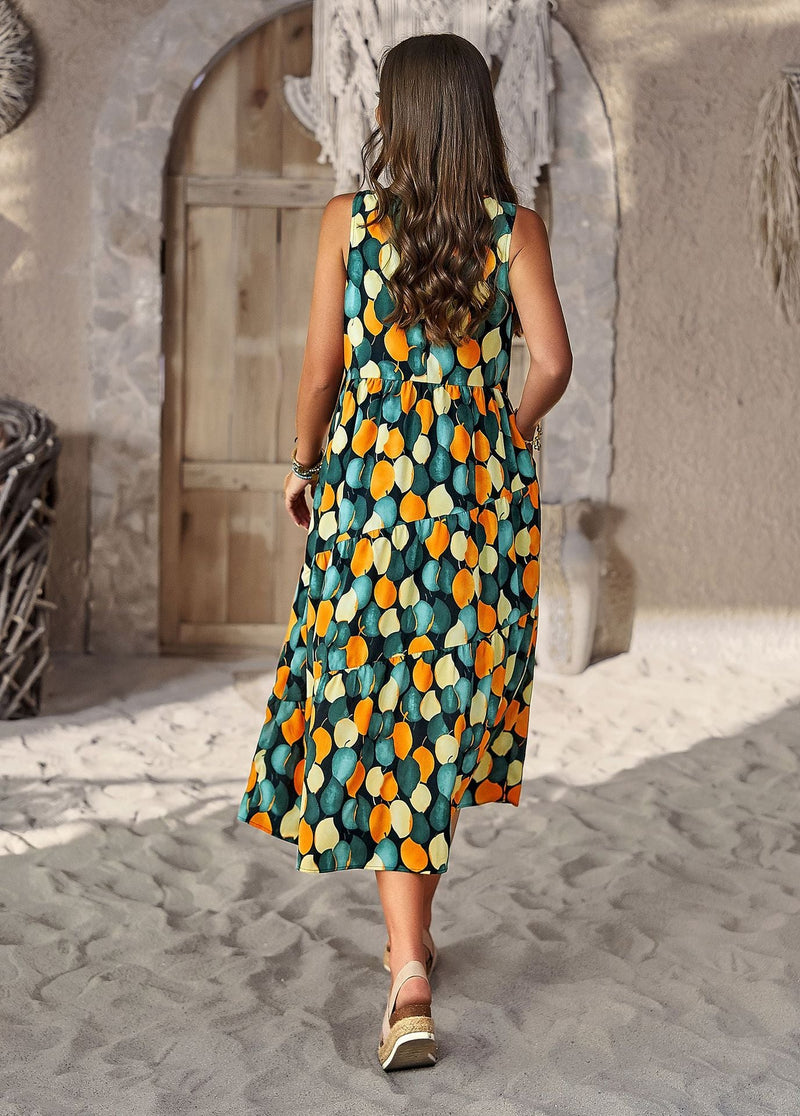 Fashion O-Neck Sleeveless Printed Flared Midi Dress