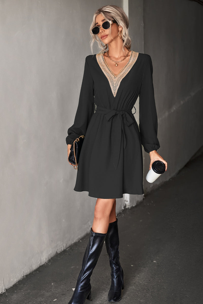 Elegant V-Neck Long Sleeve Belted Mini Dress