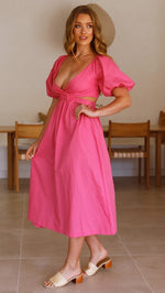 Puff Short Sleeve V Neck High Waist Maxi Dress