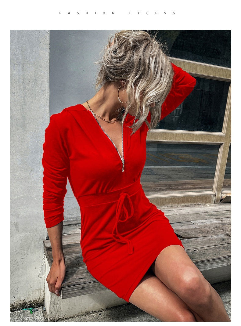 Long Sleeve Zip Up Hooded Drawstring Mini Dress