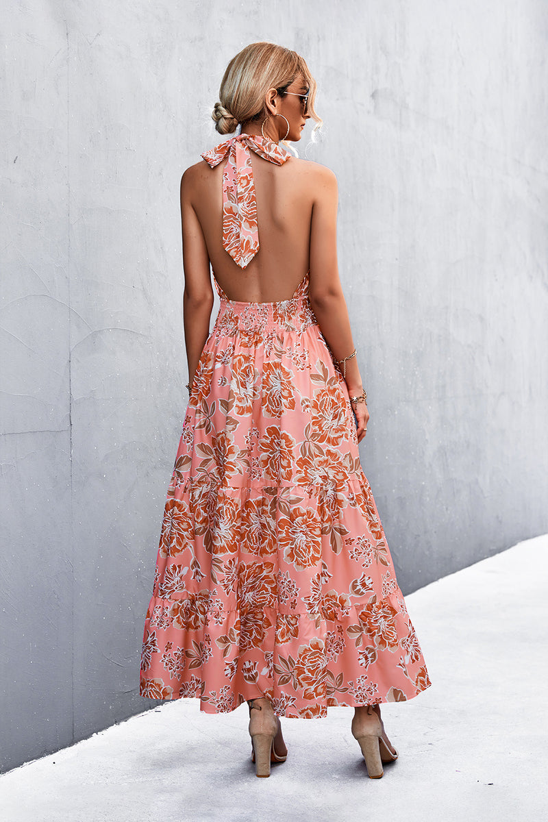 Halter Neck Floral Sleeveless Maxi Dress