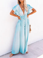 Ruffle Sleeve Deep V Neck Button Down Wide Maxi Dress