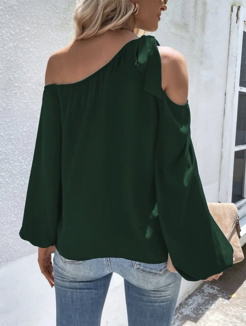 Cold Offshoulder Long Sleeve Solid Color Loose Blouse Top