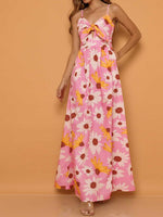 Front Knot Spaghetti Strap Floral V Neck Loose Maxi Dress