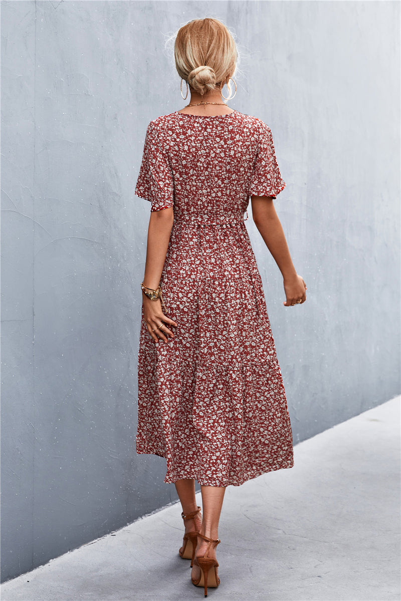 Polka Dot V Neck Short Sleeve Elastic Waist Maxi Dress