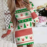 Fashion Round Neck Long Sleeve Print Mini Dress