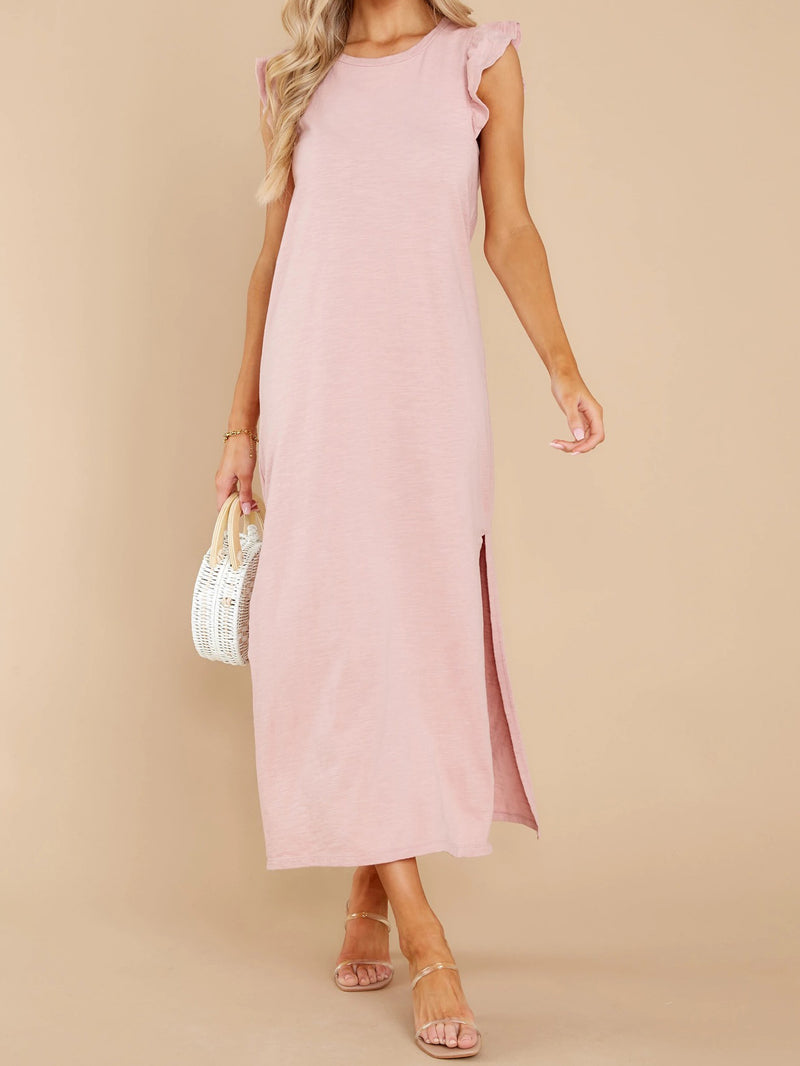 O-Neck Solid Color Double Split Midi Dress